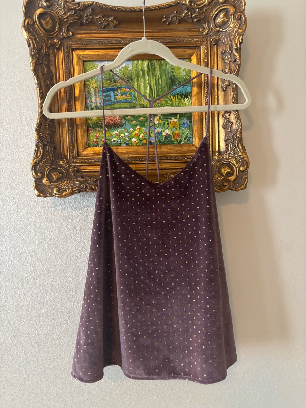 She + Sky Plum Velvet Spaghetti Strap Top with Gold Dots